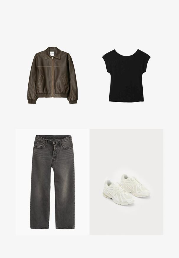 Giacca bomber in pelle marrone con zip frontale, colletto a punta, polsini e fondo elasticizzati, e tasche laterali. Cuciture in contrasto visibili.; Top nero a maniche corte con scollatura ampia e vestibilità ampia. Realizzato in tessuto morbido senza pattern o decorazioni visibili.; Jeans in denim nero con design a gamba dritta, vita alta e chiusura con bottoni. Presentano un leggero scolorimento e cuciture a contrasto.; Scarpe sportive bianche realizzate in materiali sintetici e in rete, con lacci, colletto imbottito e suola testurizzata per migliorare la grip. Costruzione leggera.