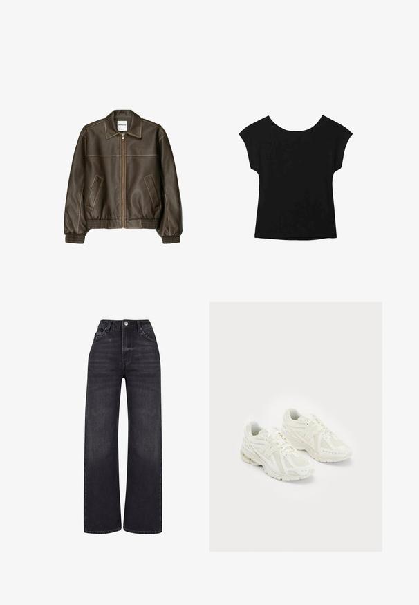 Smeđa kožna bomber jakna s patent-zatvaračem sprijeda, šiljatim ovratnikom, elastičnim manžetama i rubom, te bočnim džepovima. Vidljivo kontrastno šivanje.; Crna majica kratkih rukava širokog izreza i slobodnog kroja. Napravljena od mekog materijala bez vidljivih uzoraka ili ukrasa.; 2Y Studios NAYA BASIC LIGHT - Široke nogavice - washed black; Bijele atletske cipele izrađene od mrežastih i sintetičkih materijala, s dizajnom na vezivanje, podstavljenim ovratnikom i teksturiranom potplatom za prijanjanje. Lagana konstrukcija.