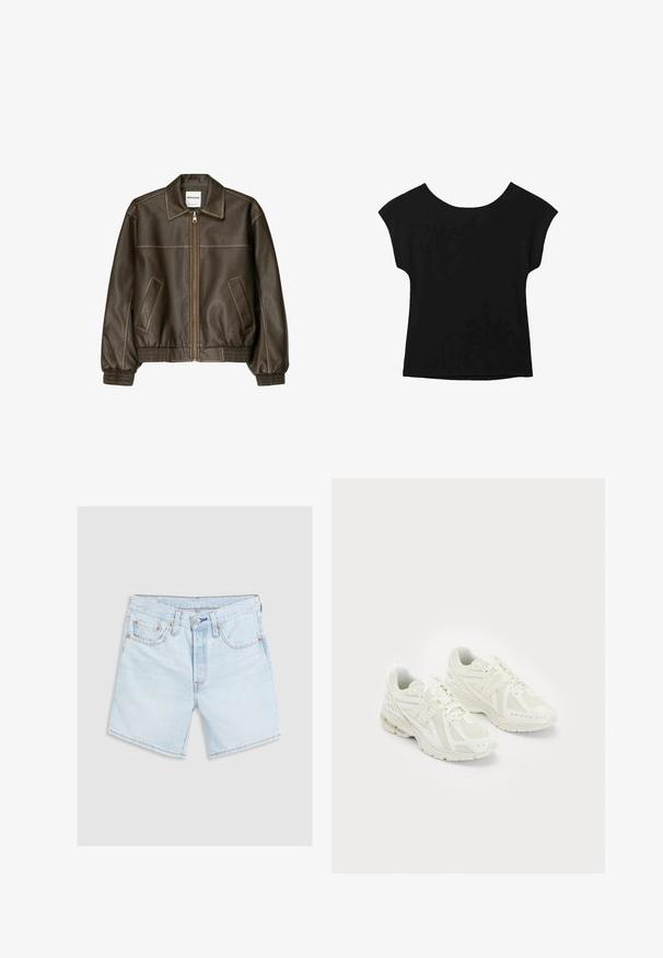 Rjava usnjena bomberska jakna z zadrgo spredaj, s koničastim ovratnikom, elastičnimi manšetami in robom, ter stranskimi žepi. Vidna kontrastna šivana.; Črna kratka majica s širokim izrezom in ohlapnim krojem. Narejena iz mehkega materiala brez vidnih vzorcev ali okrasnih elementov.; Svetlo modri jeans kratke hlače z zbledelim videzom. Imajo pet žepov, zapiranje na gumb in oranžne šive. Klasičen ravno krojen.; Beli športni copati iz mrežastih in sintetičnih materialov, z vezalkami, oblazinjenim ovratnikom in strukturiranim podplatom za oprijem. Lahka konstrukcija.
