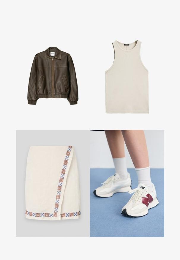 Braune Lederbomberjacke mit einem Reißverschluss vorne, spitzem Kragen, elastischen Bündchen und Saum sowie Seitentaschen. Sichtbare Kontrastnähte.; Helles beiges, geripptes Tanktop mit rundem Ausschnitt und ärmellosem Design. Hergestellt aus einem weichen Stoff, mit sauberen Kanten. Keine sichtbaren Muster.; Cremfarbener Wickelrock aus strukturiertem Stoff mit einem gemusterten Saum in braunen und blauen geometrischen Formen entlang einer Seite.; Ein Paar weiße Sneakers mit kastanienbraunen Akzenten, strukturierten Paneelen, flacher schwarzer Außensohle und hellen Schnürsenkeln, getragen mit weißen Knöchelsocken.