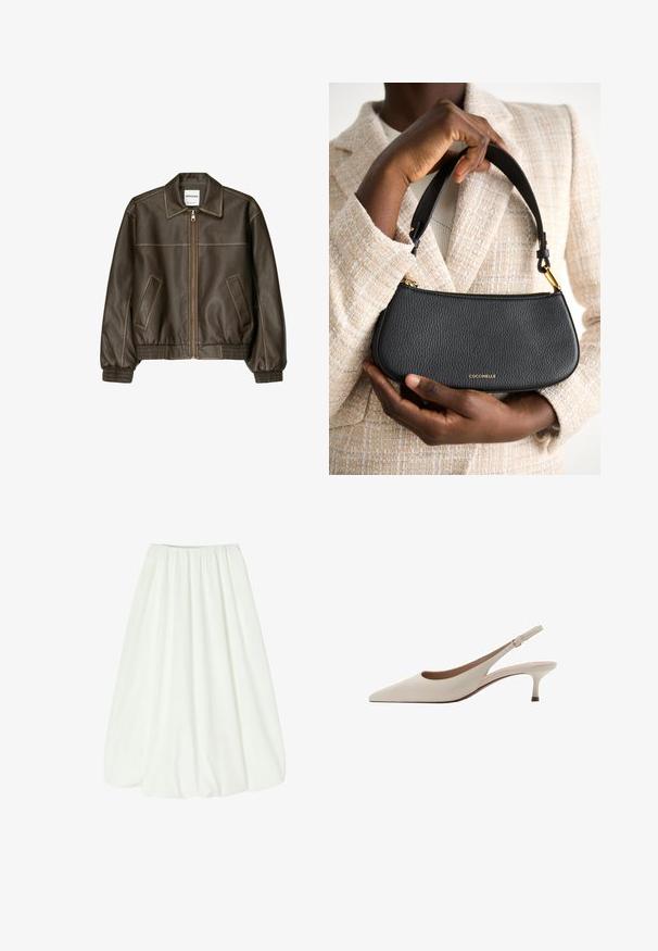 Brun læder bomberjakke med lynlåsfortil, spids krave, elastiske cuffe og kant, samt sidelommer. Kontrastsyninger synlige.; Lys beige, ribbet tanktop med rund halsudskæring og ærmeløst design. Fremstillet af et blødt stof, med rene kantafslutninger. Ingen synlige mønstre.; Hvid, knælang nederdel med elastisk talje. Blødt stof med en glat tekstur og en fyldig silhuet, der skaber bløde draperinger.; Beige slingback-hæle med spids tå og en lav, flared hæl. Fremstillet af glat læder med et minimalistisk design og justerbar rem.; Sort læderhåndtaske med en struktureret overflade, slankt design, kort rem og en guld-logo accent. Holdt mod en lysstofbaggrund.