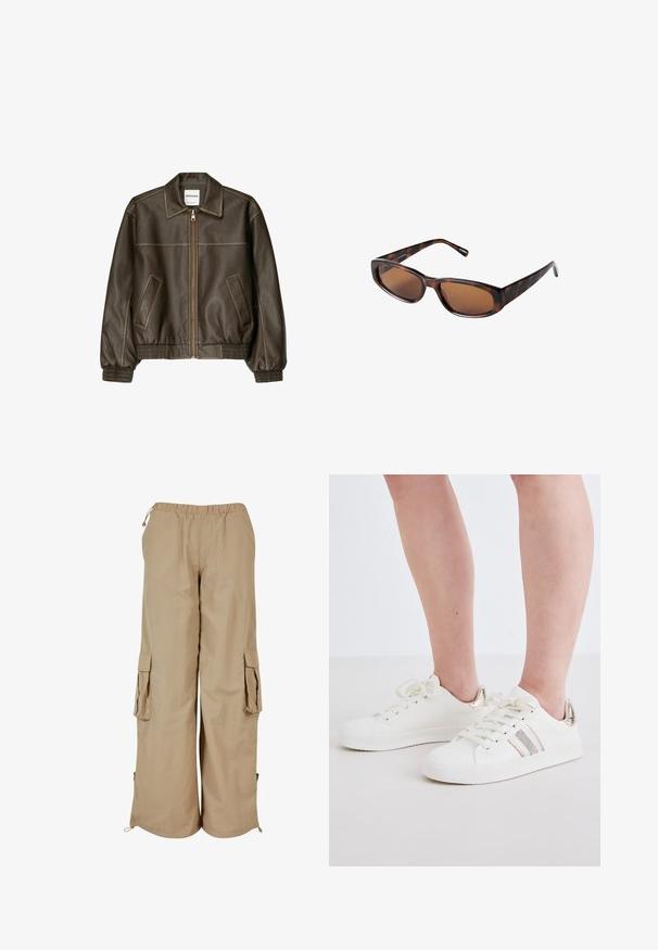 Brun læder bomberjakke med lynlåsfortil, spids krave, elastiske cuffe og kant, samt sidelommer. Kontrastsyninger synlige.; Lys beige, ribbet tanktop med rund halsudskæring og ærmeløst design. Fremstillet af et blødt stof, med rene kantafslutninger. Ingen synlige mønstre.; Beige cargo bukser med elastisk talje, to sidelommer og mesh-detaljer; fremstillet af letvægts, tekstureret stof.; Hvide sneakers med dekorative metalliske accenter, med en glat overflade, rund tå, snørebånd foran og subtile glitrende striber.; Brune skildpadde-solbriller med rektangulære linser, slank profil og buede arme. Linsen har en brun tone, og stellet er lavet af plastik.; Brun læder crossover taske med logo mønster, guldkæde rem, lynlås lukning og gyldne hardware detaljer. Kompakt og rektangulær form.