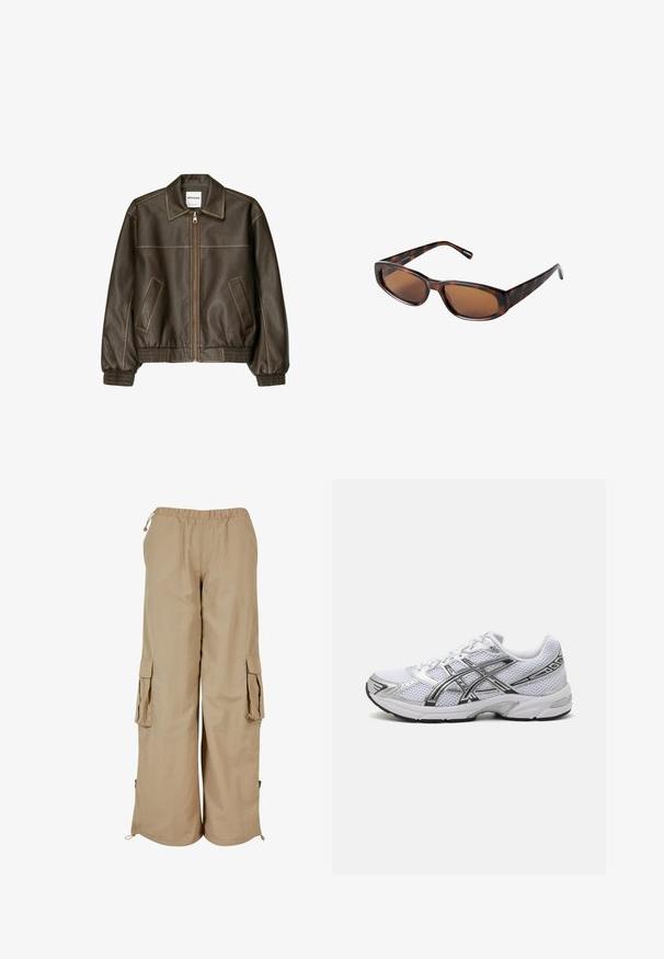 Braune Lederbomberjacke mit einem Reißverschluss vorne, spitzem Kragen, elastischen Bündchen und Saum sowie Seitentaschen. Sichtbare Kontrastnähte.; Helles beiges, geripptes Tanktop mit rundem Ausschnitt und ärmellosem Design. Hergestellt aus einem weichen Stoff, mit sauberen Kanten. Keine sichtbaren Muster.; Beige Cargo-Shorts mit elastischem Bund, zwei Seitentaschen und Mesh-Akzenten; aus leichtem, strukturierte Stoff gefertigt.; Weißes Mesh-Laufschuh mit silbernen Akzenten, ausgestattet mit einem atmungsaktiven Obermaterial, gepolstertem Kragen und strukturiertem Gummisohle für besseren Halt.; Braune Schildpatt-Sonnenbrille mit rechteckigen Gläsern, schlankem Profil und gebogenen Bügeln. Die Gläser haben einen braunen Farbton, das Gestell besteht aus Kunststoff.