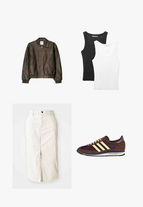 Hnedá kožená bomber bunda so zipsovým zapínaním vpredu, špicatej golierom, elastickými manžetami a spodným okrajom, a bočnými vreckami. Viditeľné kontrastné šitie.; Dve tielka vystavené, jedno čierne a jedno biele. Obe majú rebrovanú textúru široké ramienka a zakrivený výstrih.; Béžová bavlnená midi sukňa s predným rozparkom, zapínaním na horný gombík a bez viditeľných vreciek. Plochý pás a hladká textúra.; Hnedé a bordové tenisky z semišu a sieťoviny, s tromi krémovými pruhmi, textúrovanou tkaninou na jazyku a gumovou podrážkou.