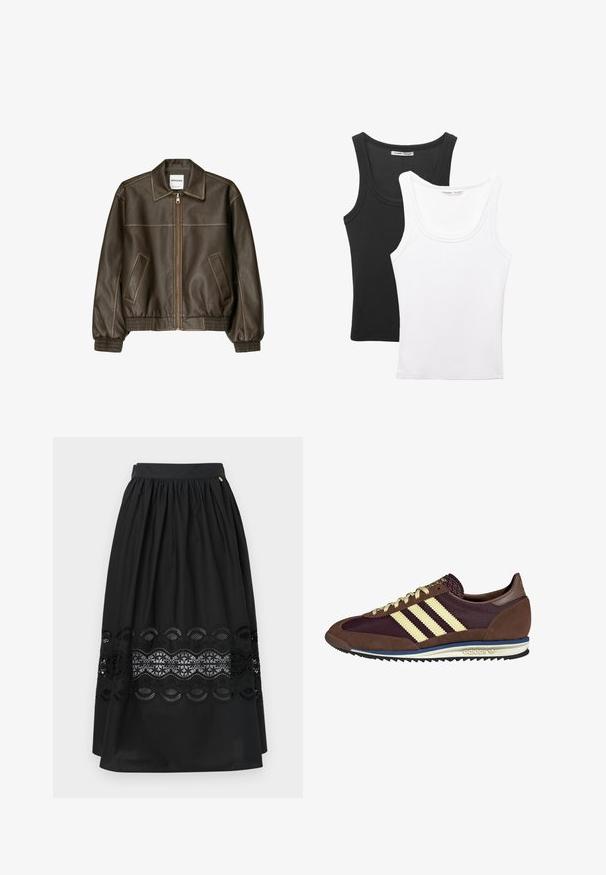 Barna bőr bombázó dzseki, elől cipzárral, hegyes gallérral, elasztikus mandzsettákkal és alsó résszel, valamint oldalsó zsebekkel. Kontrasztos varrás látható.; Két atléta top van kiállítva, egy fekete és egy fehér. Mindkettő bordázott textúrájú, széles pántokkal és lekerekített nyakkivágással rendelkezik.; Fekete szoknya sima anyagból, rugalmas derékrésszel, hullámos mintájú csipke betét a szegélyén.; Barna és bordó sneaker velúr és hálós anyagból, három krémcsíkkal, texturált anyaggal a nyelvén és gumitalppal.