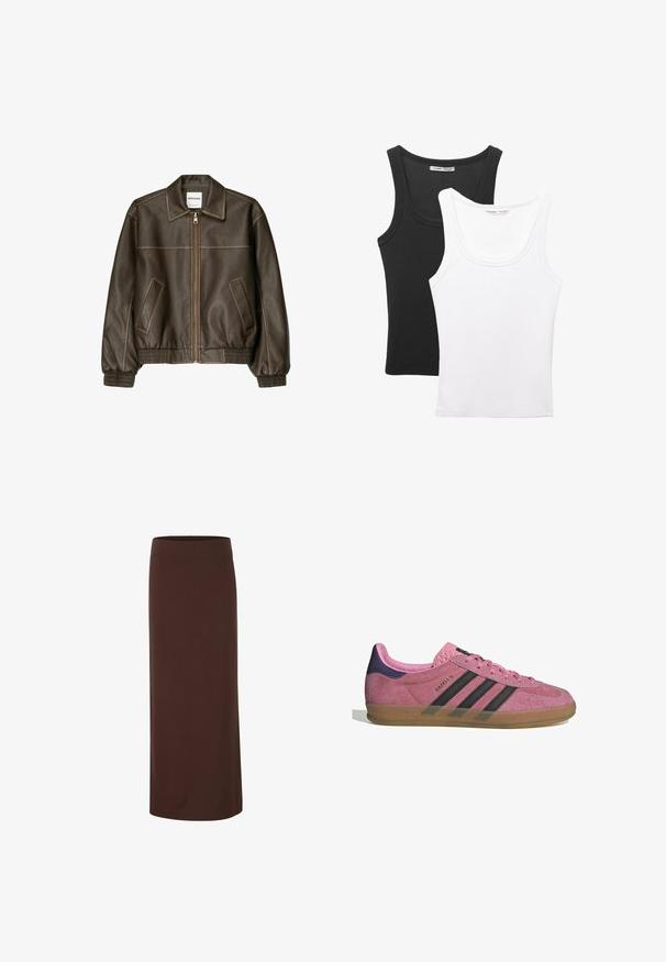 Braune Lederbomberjacke mit einem Reißverschluss vorne, spitzem Kragen, elastischen Bündchen und Saum sowie Seitentaschen. Sichtbare Kontrastnähte.; Zwei Tanktops sind ausgestellt, eines schwarz und eines weiß. Beide haben eine gerippte Textur und breite Träger mit einem abgerundeten Ausschnitt.; Brauner Midirock aus glattem Stoff, mit einem taillierten Bund und gerader Silhouette, ohne sichtbare Muster oder Akzente.; Rosa Wildleder-Sneaker mit schwarzen Streifen, Gummisohle und strukturiertem lila Fersenbereich. Verfügt über ein Schnürdesign und geprägte Markenkennzeichnung an der Seite.