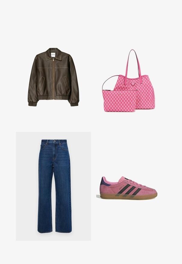 Brown leather bomber jacket with a zip front, pointed collar, elasticized cuffs and hem, and side pockets. Contrast stitching visible.; Two tank tops displayed, one black and one white. Both have a ribbed texture and wide straps with a rounded neckline.; Dark blue wide-leg jeans made of denim, featuring a high waist, five-pocket design, and visible stitching along seams.; Pink suede sneaker with black stripes, gum sole, and textured purple heel. Features a lace-up design and embossed branding on the side.; Pink checker-patterned tote bag with matching smaller pouch; features smooth material, dual handles, and gold logo accents.