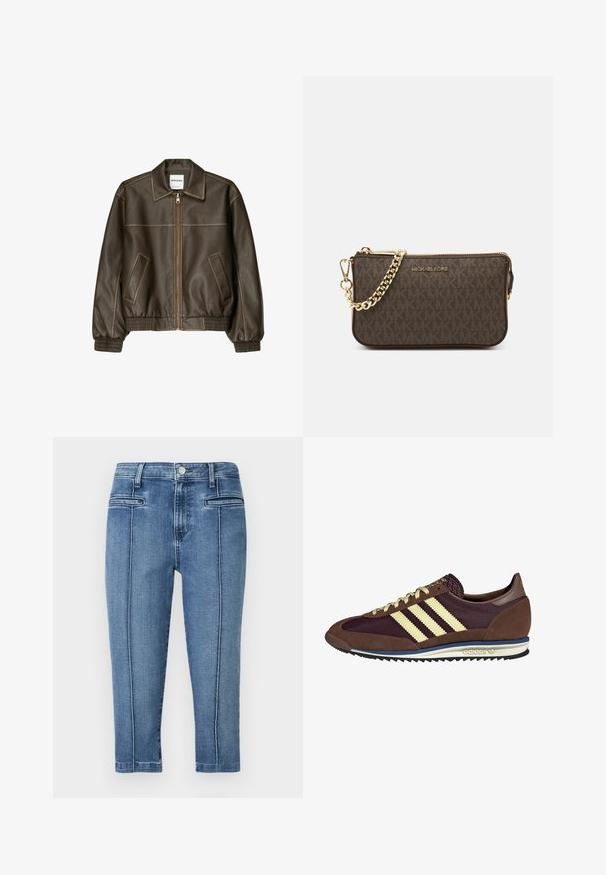 Rjava usnjena bomberska jakna z zadrgo spredaj, s koničastim ovratnikom, elastičnimi manšetami in robom, ter stranskimi žepi. Vidna kontrastna šivana.; Dva majica brez rokavov sta prikazana, ena črna in ena bela. Obe imata rebrasto teksturo in široke naramnice z zaobljenim izrezom.; Denim hlače v srednji modri barvi, z zasnovo petih žepov, ravnim krojem in kontrastnimi šivi ob stranskih šivih.; Rjavi in rdeče-burgundske teniske iz usnja in mrežastega materiala, ki imajo tri smetane stripe, teksturirano blago na jeziku in gumijast podplat.; Rjava usnjena torba čez ramo z vzorcem logotipa, zlatim verigo, zadrgo in zlatimi dodatki. Kompaktna in pravokotna oblika.