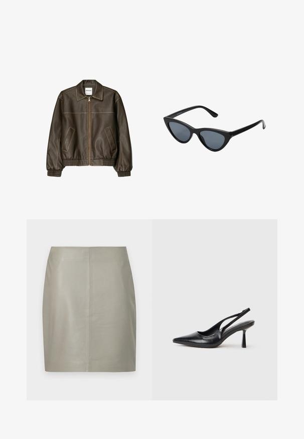 Brown leather bomber jacket with a zip front, pointed collar, elasticized cuffs and hem, and side pockets. Contrast stitching visible.; Textured, beige and brown snake skin-patterned fabric piece with an asymmetrical shape, designed for a unique, modern look.; Beige knee-length leather skirt with a straight cut and central vertical seam, displayed against a white background.; Black leather slingback high heel shoe with pointed toe and slim heel on a white background.; Black cat-eye sunglasses with dark gray lenses, sleek plastic frame, pointed corners, and straight temples. No visible hardware or accents.; Brown leather hobo bag with a slouchy design and smooth texture. Worn casually by a model, featuring a large opening and rounded shape.