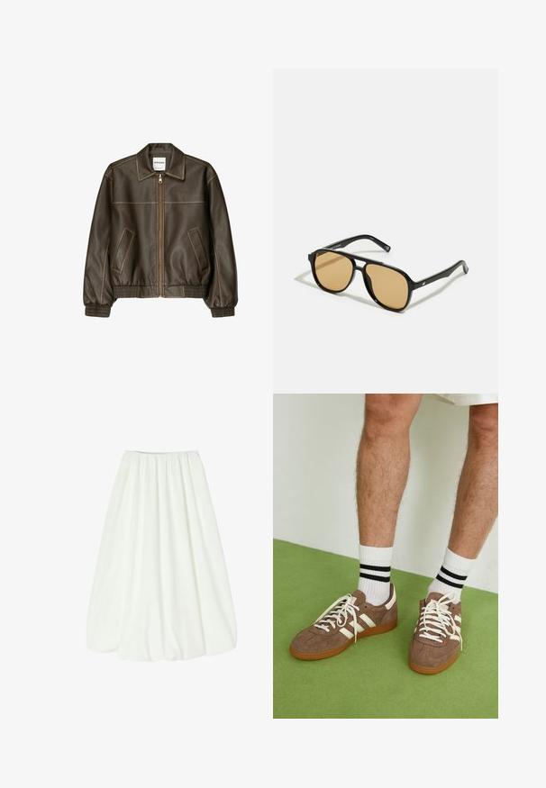 Brązowa skórzana kurtka bomberka z zapięciem na zamek, spiczastym kołnierzem, elastycznymi mankietami i dołem oraz bocznymi kieszeniami. Widoczne kontrastowe szwy.; Biały prążkowany top na ramiączkach z czarnym haftowanym logo umieszczonym na środku klatki piersiowej. Dekolt i otwory na ramiona wykończone subtelnym obszywaniem.; Biała spódnica do kolan z elastycznym pasem. Miękki materiał o gładkiej fakturze i pełnym fasonie, tworzący delikatne fałdy.; Brązowe zamszowe sneakersy z białymi akcentami i sznurówkami. Gumowa, brązowa podeszwa. Noszone z białymi skarpetkami w czarne paski. Zielona teksturowana podłoga.; Czarne okulary przeciwsłoneczne z brązowymi szkłami; prostokątny kształt z grubą oprawą, z delikatnymi akcentami na zausznikach.; Czarna skórzana torebka z fakturowanym wykończeniem, elegancki design, krótki pasek i złoty akcent z logo. Trzymana na tle jasnego materiału.