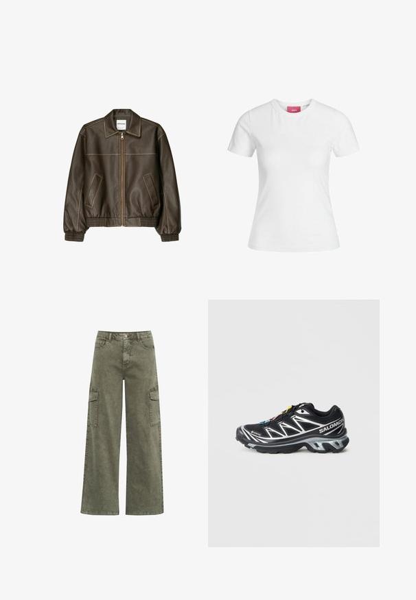 Jachetă bomber din piele maro cu fermoar frontal, guler ascuțit, manșete și tiv elasticizate și buzunare laterale. Costică contrastantă vizibilă.; Tricou alb din bumbac, cu mâneci scurte și decolteu rotund. Prezintă o etichetă roz pe gulerul interior. Textură netedă.; Cream Blugi evazați - heavy washed green; Pantofii de alergare negri cu accente argintii, din material GORE-TEX, talpă texturată și șireturi colorate. Au un călcâi amortizat pentru suport.