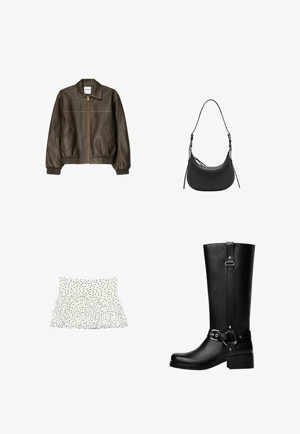 Braune Lederbomberjacke mit einem Reißverschluss vorne, spitzem Kragen, elastischen Bündchen und Saum sowie Seitentaschen. Sichtbare Kontrastnähte.; Weißes Halsbandoberteil mit schwarzen Punkten, das einen tiefen V-Ausschnitt und einen gerafften Schnitt aufweist. Kombiniert mit einem passenden gestuften Minirock.; Weißer Stoffrock mit gerafftem Design, der ein schwarzes Punkte-Muster hat. Elastischer Bund mit schwingendem Saum.; Hohe schwarze Kunstlederstiefel mit einer abgerundeten Zehe, einem Akzentgürtel-Schnallen-Detail und einem stabilen Absatz. Glatte Textur und vertikale Naht am Schaft.; Schwarze Leder-Schultertasche mit geschwungener Form, verstellbarem Tragegurt, goldenen Hardware-Details und einer glatten, strukturierten Oberfläche.