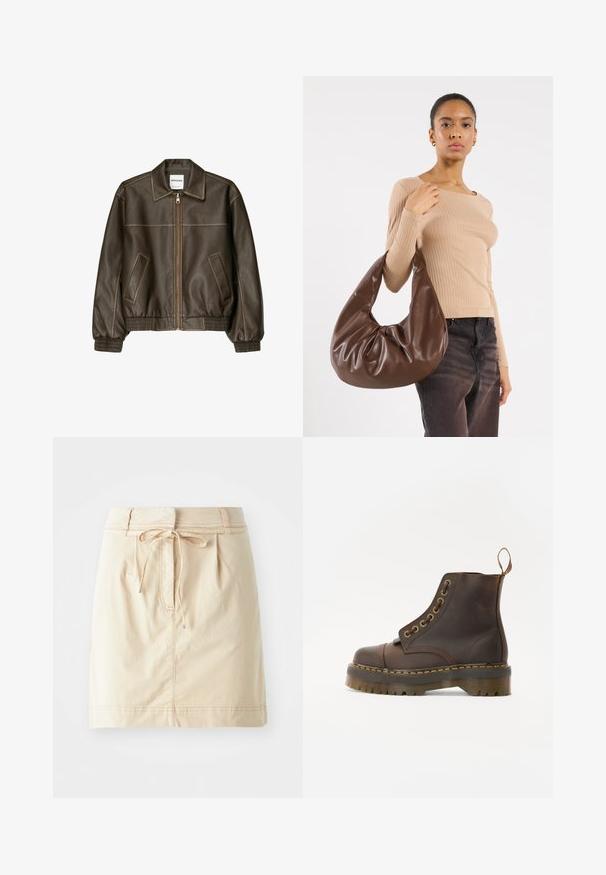 Giacca bomber in pelle marrone con zip frontale, colletto a punta, polsini e fondo elasticizzati, e tasche laterali. Cuciture in contrasto visibili.; Canotta bianca a costine con scollatura rotonda e design senza maniche, con la scritta "Dickies" in lettere nere sul petto.; Gonna khaki realizzata in tessuto leggero con vita aderente, dettaglio con coulisse, pieghe e cuciture sottili. Texture liscia.; Stivale alla caviglia in pelle marrone con punta tonda, cuciture gialle a contrasto, occhielli decorativi in metallo e suola in gomma scanalata.; Borsa hobo in pelle marrone con un design morbido e una texture liscia. Indossata casualmente da un modello, presenta un'ampia apertura e una forma rotonda.