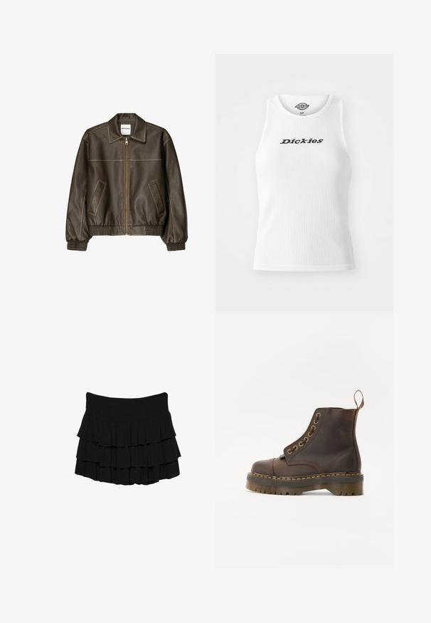 Bruine leren bomberjack met een ritssluiting aan de voorkant, puntige kraag, elastische manchetten en zoom, en zijzakken. Contrasterende stiksels zijn zichtbaar.; Witte geribbelde tanktop met een ronde hals en mouwloos ontwerp, met "Dickies" in zwarte letters over de borst.; Zwart gelaagd rokje van lichtgewicht stof, met drie horizontale ruffles en een elastische tailleband voor een comfortabele pasvorm.; Bruine leren enkellaars met een ronde neus, contrasterende gele stiksels, decoratieve metalen oogjes en een gegroefd rubberen zool.