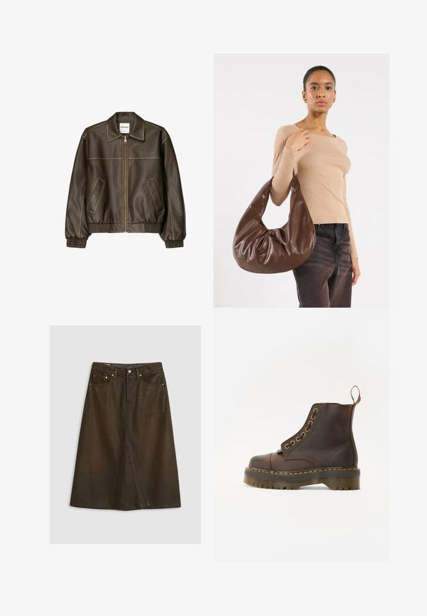 Jachetă bomber din piele maro cu fermoar frontal, guler ascuțit, manșete și tiv elasticizate și buzunare laterale. Costică contrastantă vizibilă.; Tricou alb cu nervuri, cu decolteu rotund și fără mâneci, având „Dickies” scris cu litere negre pe piept.; Fustă din denim de culoare maro, până la genunchi, cu o fanta frontală, design cu cinci buzunare, accesorii din metal și o textură subtilă.; Bocanci din piele maro, cu vârful rotund, cusături galbene contrastante, ochiuri din metal decorative și o talpă din cauciuc cu caneluri.; Geantă hoboo din piele maro cu un design lejer și o textură netedă. Purtați-o casual de un model, având o deschidere mare și o formă rotundă.