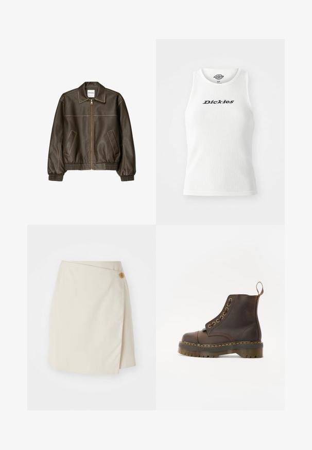 Bruine leren bomberjack met een ritssluiting aan de voorkant, puntige kraag, elastische manchetten en zoom, en zijzakken. Contrasterende stiksels zijn zichtbaar.; Witte geribbelde tanktop met een ronde hals en mouwloos ontwerp, met "Dickies" in zwarte letters over de borst.; Beige wikkelrok met een zijdelingse knoopsluiting, van stevige stof, met strakke lijnen en een gladde textuur, ontworpen voor een aansluitende silhuet.; Bruine leren enkellaars met een ronde neus, contrasterende gele stiksels, decoratieve metalen oogjes en een gegroefd rubberen zool.