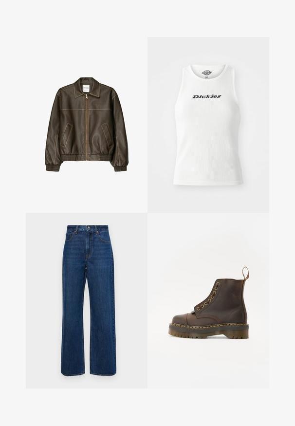 Ruskea nahkainen pommikonejacketti, jossa on vetoketjullinen etuosa, terävä kaulus, joustavat hihansuut ja helma sekä sivutaskut. Näkyvää kontrastiväristä ompelua.; Valkoiset ribatut topit, joissa on pyöreä kaula-aukko ja hihaton muotoilu. Rinnan kohdalla mustalla letteringillä "Dickies".; Tummansinisiä leveälahkeisia farkkuja, joissa on korkea vyötärö, viisi taskua ja näkyvät ompeleet saumoissa.; Ruske nahkasaapad ankliaukolla, pyöreällä kärjellä, kontrastivärisin keltaisin tikkausin, koristeellisin metallisilmukoita ja uritetulla kumipohjalla.