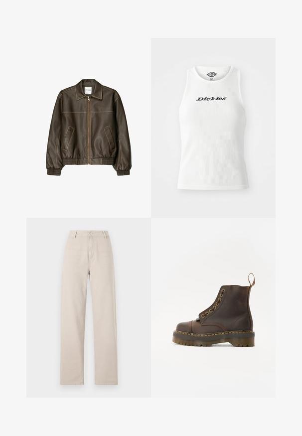 Barna bőr bombázó dzseki, elől cipzárral, hegyes gallérral, elasztikus mandzsettákkal és alsó résszel, valamint oldalsó zsebekkel. Kontrasztos varrás látható.; Fehér bordázott ujjatlan felső kerek nyakkivágással, a mellkason fekete betűkkel "Dickies" felirattal.; Beige, széles lábú pamut nadrág, elülső gombos záródással, övhurkokkal, klasszikus szabással és letisztult vonalakkal.; Barna bőr bokacsizma, kerek orrral, kontrasztáló sárga varrással, dekoratív fém szemölcsökkel és bordázott gumitalppal.