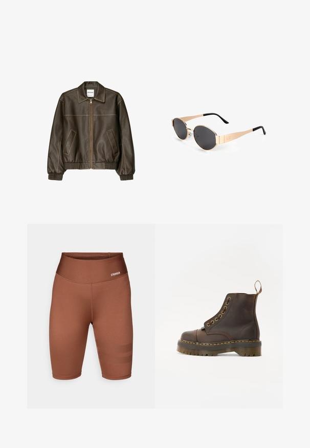 Hnědá kožená bombardovací bunda se zipem vpředu, špičatým límcem, elastickými manžetami a spodním lemem a bočními kapsami. Viditelné kontrastní švy.; Bílý žebrovaný tílko s kulatým výstřihem a bezrukávovým designem, se sloganem "Dickies" černým písmem na hrudi.; Hnědé sportovní šortky vyrobené z hladkého, elastického materiálu, s vysokým pasem a texturovanými pruhy po stranách. Je viditelná značka "STRONGER".; Hnědá kožená kotníková bota s kulatou špičkou, kontrastním žlutým švem, dekorativními kovovými očky a drážkovanou gumovou podrážkou.; Zlaté oválné sluneční brýle s tmavými skly, které mají elegantní design, tenké nožičky a černý akcent na spánku. Číslo modelu L37.; Hnědá kožená kabelka hobo s volným designem a hladkým povrchem. Nositelná neformálně modelem, s velkým otvorem a zaobleným tvarem.