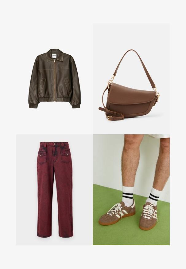 Hnědá kožená bombardovací bunda se zipem vpředu, špičatým límcem, elastickými manžetami a spodním lemem a bočními kapsami. Viditelné kontrastní švy.; Dvě tílka v černé a bílé barvě; každé má tenké nastavitelné ramínka, hladkou texturu a jednoduchý, rovný střih.; Červené džíny s bledým vzhledem, rovný střih nohavic, přední kapsy a těsně padnoucí pas. Má černé švy jako ozdobu.; Hnědé semišové tenisky s bílými akcenty a tkaničkami. Gumová podrážka. Nošeny s bílými ponožkami s černými pruhy. Zelená strukturovaná podlaha.; Hnědá kožená taška přes rameno s texturovaným povrchem, zakřiveným tvarem, zlatými kovovými prvky, nastavitelným popruhem a klopovým zapínáním.