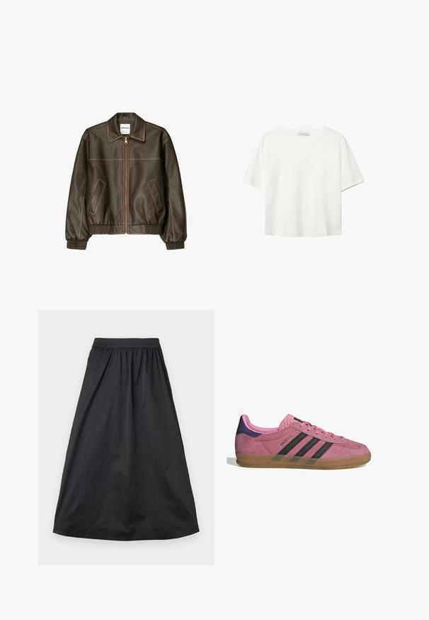 Brown leather bomber jacket with a zip front, pointed collar, elasticized cuffs and hem, and side pockets. Contrast stitching visible.; White short-sleeve t-shirt made of cotton. Features a crew neckline and a relaxed fit. Smooth texture with no visible patterns or accents.; Black maxi skirt made of smooth fabric; features a gathered waist, flowing silhouette, and a straight hem with no additional embellishments.; Pink suede sneaker with black stripes, gum sole, and textured purple heel. Features a lace-up design and embossed branding on the side.