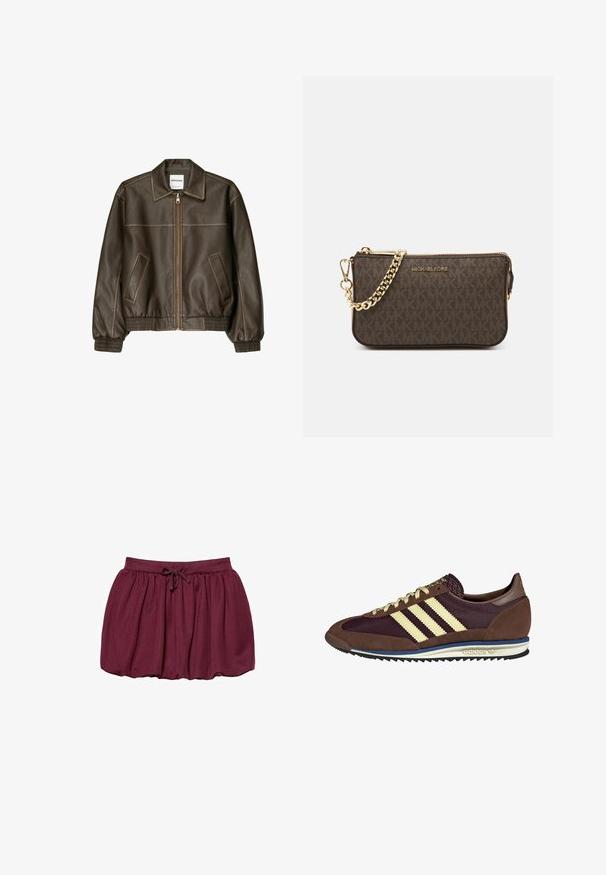 Smeđa kožna bomber jakna s patent-zatvaračem sprijeda, šiljatim ovratnikom, elastičnim manžetama i rubom, te bočnim džepovima. Vidljivo kontrastno šivanje.; Tamno smeđa rebrasta majica bez rukava sa širokim naramenicama i prilagođenim krojem. Tkanina je mekana sa glatkom teksturom i kraćim krojem.; Bordo suknja od mekanog materijala, s elastičnom talijom, naboranim dizajnom i raširenim siluetom. Glatka tekstura kroz cijelu suknju.; Smeđi i burgundski teniski s uzorcima od antilopa i mrežastih materijala, s tri kremaste pruge, teksturiranim materijalom na jeziku i gumeni potplat.; Smeđa kožna torba preko ramena s uzorkom loga, zlatna lanac trakica, zatvaranje na patentni zatvarač i zlatni metalni detalji. Kompaktna i pravokutna forma.