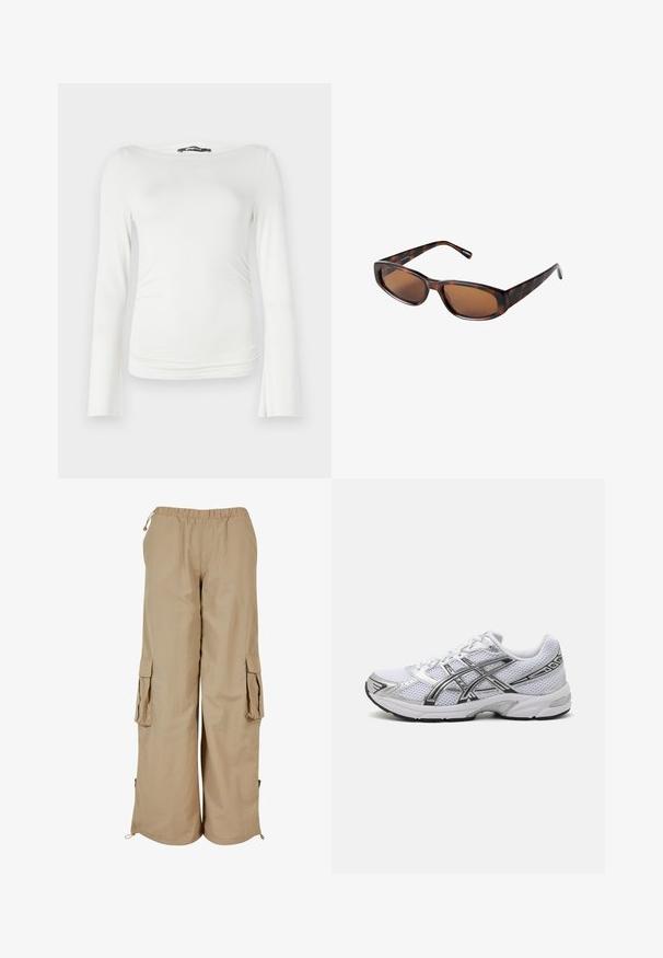 Jachetă bomber din piele maro cu fermoar frontal, guler ascuțit, manșete și tiv elasticizate și buzunare laterale. Costică contrastantă vizibilă.; Bluză albă cu mâneci lungi, realizată dintr-un material neted, având o siluetă ajustată, cu un decolteu larg și plisări subtile în talie.; Pantaloni cargo bej cu talie elastică, două buzunare laterale și detalii din plasă; realizati dintr-un material ușor, texturat.; Pantofii de alergare din plasă albă cu accente argintii, prezentând un superior respirabil, un guler căptușit și o talpă din cauciuc texturat pentru aderență.; Ochelari de soare tortoishell maro cu lentile rectangulare, profil elegant și brațe curbate. Lentilele au o nuanță maro, iar rama este din plastic.