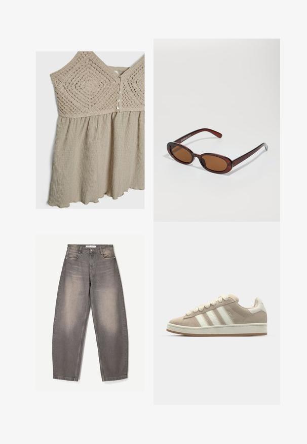 Brun läderbomberjacka med dragkedja fram, spetsig krage, elastiska manschetter och nederkant, samt sidofickor. Kontrastsydda sömmar synliga.; Ljust beige klänning med en texturerad virkad bodice och en draperad kjol. Inlägg har knappstängningar och en vågig fåll. Mjuk, flödande tyg.; Grå jeans med vida ben i denim, med subtila blekningar, fem fickor, bälteslýsingar och en knappstängning i midjan.; Tan mockasiner i mocka med vita läderstripear och snören, gummiyttersula, vadderad krage och texturerade detaljer på ovansidan.; Runda, bruntonade solglasögon med en glansig bordeauxfärgad ram. Smala bågar med subtilt varumärkesdetalj. Platt linsdesign.; Brun läderaxelväska med texturerad yta, böjd form, detaljer i guldton, justerbar rem och lockstängning.
