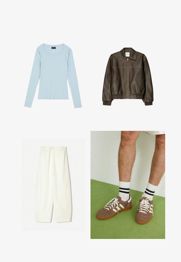 Brązowa skórzana kurtka bomberka z zapięciem na zamek, spiczastym kołnierzem, elastycznymi mankietami i dołem oraz bocznymi kieszeniami. Widoczne kontrastowe szwy.; Jasnoniebieska, długorękawowa, prążkowana bluzka z okrągłym dekoltem i dopasowanym krojem. Miękka tekstura z delikatnym wzorem biegnącym w pionie.; Szerokie spodnie w miękkim kremowym materiale, z gładką teksturą, przednimi kieszeniami oraz luźnym krojem z średnim stanem.; Brązowe zamszowe sneakersy z białymi akcentami i sznurówkami. Gumowa, brązowa podeszwa. Noszone z białymi skarpetkami w czarne paski. Zielona teksturowana podłoga.