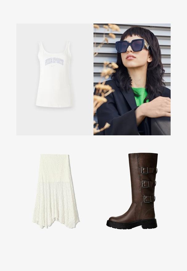 Hnedá kožená bomber bunda so zipsovým zapínaním vpredu, špicatej golierom, elastickými manžetami a spodným okrajom, a bočnými vreckami. Viditeľné kontrastné šitie.; Biely tielko z kombinácie bavlny, so širokými ramienkami a grafickým nápisom "NIKE SPORTS" v svetlofialovej farbe cez hruď. Hladká textura.; Biela čipkovaná sukňa s textúrovaným vzorom, s asymetrickým lemom a splývavým strihom, vyrobená z ľahkej textílie.; Hnedé kožené čižmy po kolená s tromi kovovými prackami, textúrovaný povrch, okrúhla špička a hrubá podrážka pre stabilitu.; Prehnané čierne slnečné okuliare s hrubým rámom a zlatým akcentom, nosené s čiernym sakom a jasne zelenou košeľou, na horizontálnom pozadí.; Hnedá kožená hobo taška s uvoľneným dizajnom a hladkou textúrou. Nosená neformálne modelkou, s veľkým otvorom a zaobleným tvarom.
