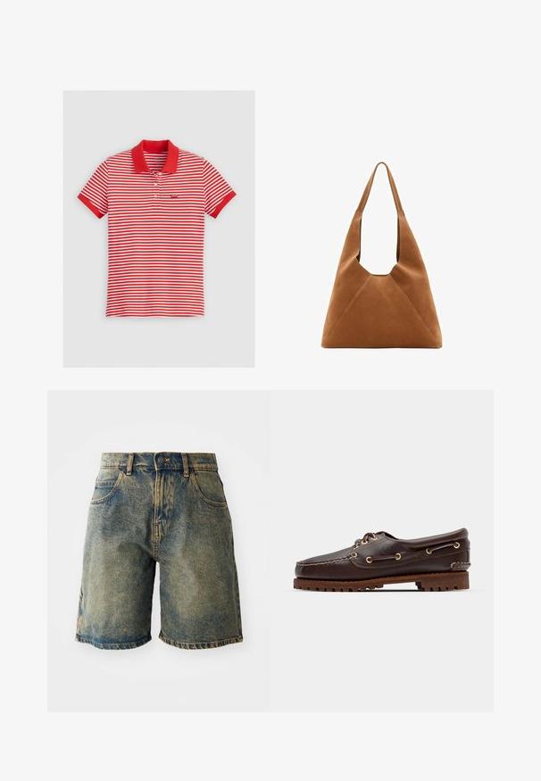 Brązowa skórzana kurtka bomberka z zapięciem na zamek, spiczastym kołnierzem, elastycznymi mankietami i dołem oraz bocznymi kieszeniami. Widoczne kontrastowe szwy.; Czerwono-biała koszulka polo w paski z gładkim czerwonym kołnierzykiem i mankietami. Posiada zapięcie na trzy guziki oraz małe logo na klatce piersiowej.; Szorty dżinsowe w wyblakłym niebieskim kolorze, z pięcioma kieszeniami, zapinane na guzik oraz z postrzępionymi brzegami, o lekko przetartej teksturze.; Brązowe skórzane buty w stylu boat shoe z złotymi oczkami, okrągłymi sznurowadłami oraz teksturowaną brązową gumową podeszwą. Zawierają przeszycia i wypukłe logo.; Brązowa zamszowa torba hobo o luźnym kształcie, z zakrzywioną rączką u góry oraz trójkątnymi detalami na przodzie i tyle.