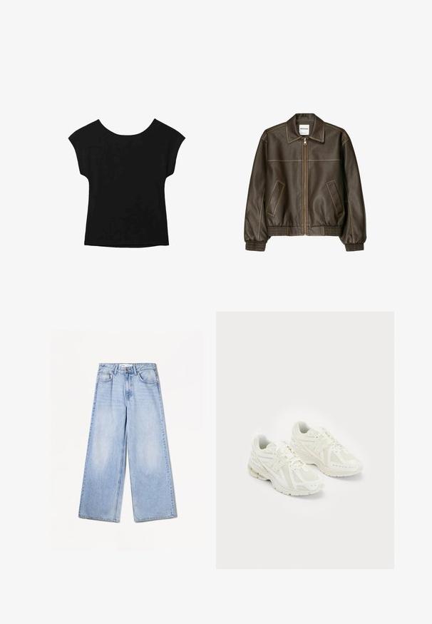 Smeđa kožna bomber jakna s patent-zatvaračem sprijeda, šiljatim ovratnikom, elastičnim manžetama i rubom, te bočnim džepovima. Vidljivo kontrastno šivanje.; Crna majica kratkih rukava širokog izreza i slobodnog kroja. Napravljena od mekog materijala bez vidljivih uzoraka ili ukrasa.; Bershka WIDE-LEG - Široke nogavice - light-blue denim; Bijele atletske cipele izrađene od mrežastih i sintetičkih materijala, s dizajnom na vezivanje, podstavljenim ovratnikom i teksturiranom potplatom za prijanjanje. Lagana konstrukcija.