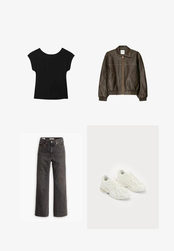 Ruskea nahkainen pommikonejacketti, jossa on vetoketjullinen etuosa, terävä kaulus, joustavat hihansuut ja helma sekä sivutaskut. Näkyvää kontrastiväristä ompelua.; Mustat lyhythihaiset paidat, joissa on leveä kaula-aukko ja löysä istuvuus. Valmistettu pehmeästä kankaasta, jossa ei ole näkyviä kuvioita tai koristeita.; Farkut korkealla vyötäröllä ja leveillä lahkeilla tummanharmaasta denimistä, joissa on etutaskut, kontrastiset kuparin väriset niitit ja siisti viimeistely ilman koristeita.; Valkoiset urheilukengät, joissa on verkkomateriaali ja synteettisiä materiaaleja, nauhakuulakesuunnittelu, pehmustettu kaulus ja teksturoitu pohja pidon takaamiseksi. Kevyt rakenne.