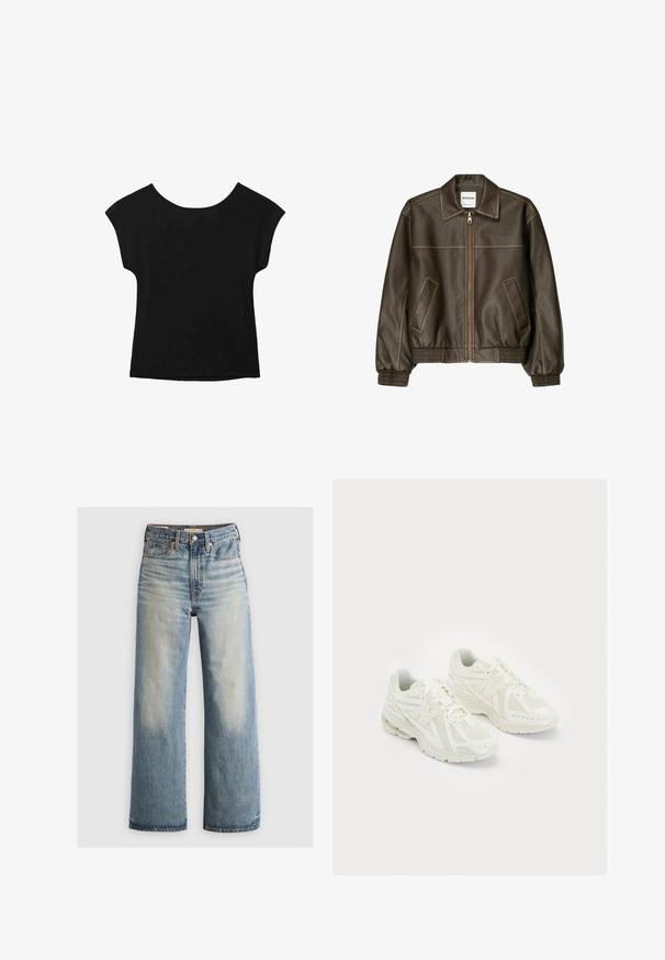 Smeđa kožna bomber jakna s patent-zatvaračem sprijeda, šiljatim ovratnikom, elastičnim manžetama i rubom, te bočnim džepovima. Vidljivo kontrastno šivanje.; Crna majica kratkih rukava širokog izreza i slobodnog kroja. Napravljena od mekog materijala bez vidljivih uzoraka ili ukrasa.; Plave traperice širokog kroja s laganim pranjem, visokim strukom, dizajnom s pet džepova i mjedenim detaljima. Izblijedjele naglaske na prednjoj i stražnjoj strani.; Bijele atletske cipele izrađene od mrežastih i sintetičkih materijala, s dizajnom na vezivanje, podstavljenim ovratnikom i teksturiranom potplatom za prijanjanje. Lagana konstrukcija.