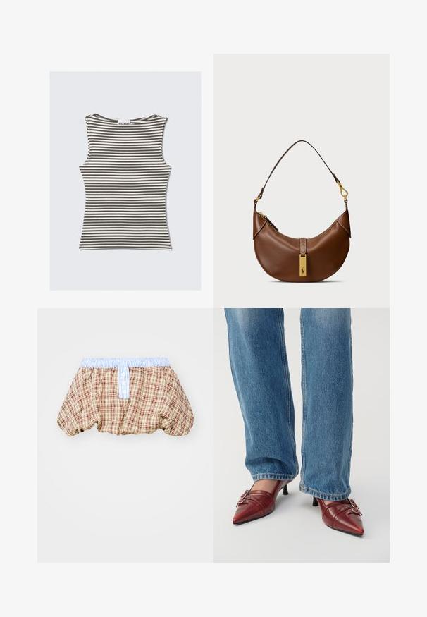 Brown leather bomber jacket with a zip front, pointed collar, elasticized cuffs and hem, and side pockets. Contrast stitching visible.; Striped sleeveless top in brown and cream, featuring a round neck and a form-fitting design. Made from a soft, stretchy fabric.; Checkered puffed shorts in brown, beige, and red with a light blue striped waistband and button details on the front.; Red leather pointed-toe shoes with a small heel, featuring horizontal stitching and two silver buckles, worn with blue denim jeans.; Brown leather shoulder bag with curved shape, gold hardware, top clasp detail, and a logo accent. Smooth texture with stitched edges.