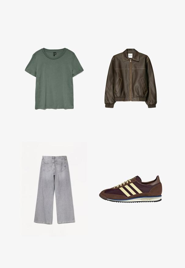 Bruine leren bomberjack met een ritssluiting aan de voorkant, puntige kraag, elastische manchetten en zoom, en zijzakken. Contrasterende stiksels zijn zichtbaar.; Groen T-shirt met korte mouwen, rond de hals en een zachte, gladde textuur. Heeft een relaxte pasvorm en een rechte snit aan de onderkant.; Bershka WIDE-LEG - Wide leg - grey; Bruine en bordeauxkleurige sneaker van suede en mesh materiaal, met drie crèmekleurige strepen, een gemêleerd stof op de tong en een rubberen zool.
