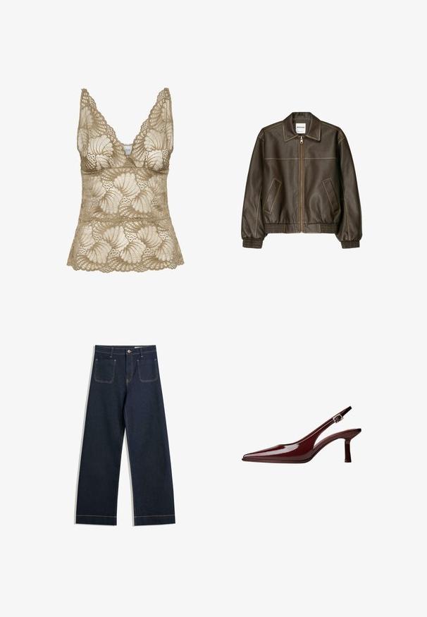 Ruskea nahkainen pommikonejacketti, jossa on vetoketjullinen etuosa, terävä kaulus, joustavat hihansuut ja helma sekä sivutaskut. Näkyvää kontrastiväristä ompelua.; Beige pitsimtoppi V-päällä, jossa on kierretyt reunat ja kukkakuosi. Pehmeä rakenne, jossa on monimutkainen yksityiskohtaisuus.; Tummansinisiä leveälahkeisia farkkuja, joissa on vaaleanruskeat tikkaukset, kaksi takataskua ja napitus vyötäröllä.; Maroon patentti nahasta valmistettu slingback-korkokenkä, jossa on teräväkärkinen muotoilu, keskipitkä kitten-korko ja hopeinen solkiremmi valkoista taustaa vasten.