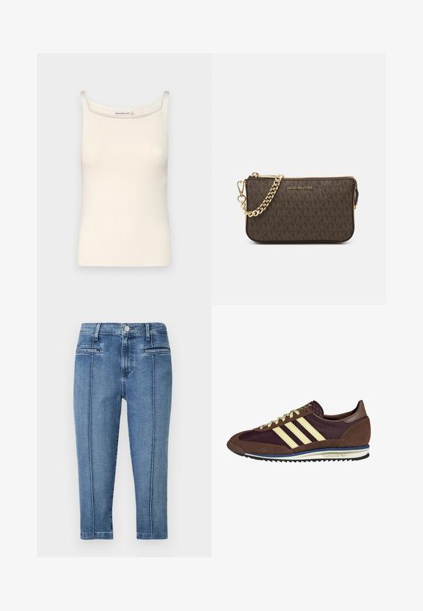 Hnedá kožená bomber bunda so zipsovým zapínaním vpredu, špicatej golierom, elastickými manžetami a spodným okrajom, a bočnými vreckami. Viditeľné kontrastné šitie.; Krémový rebrovaný top bez rukávov s tenkými ramienkami a výstrihom do oblúka, s hladkým povrchom a priliehavým strihom.; Džínsy v stredne modrej farbe, s päťvreckovým dizajnom, rovný strih a kontrastným prešívaním pozdĺž bočných švov.; Hnedé a bordové tenisky z semišu a sieťoviny, s tromi krémovými pruhmi, textúrovanou tkaninou na jazyku a gumovou podrážkou.; Hnedá kožená crossbody taška s logom, zlatým reťazcom, zipsovým uzáverom a zlatými prvkami. Kompaktnej a obdĺžnikovej forme.