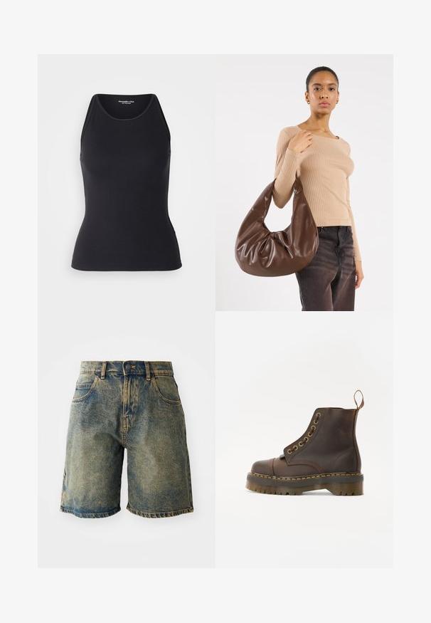 Smeđa kožna bomber jakna s patent-zatvaračem sprijeda, šiljatim ovratnikom, elastičnim manžetama i rubom, te bočnim džepovima. Vidljivo kontrastno šivanje.; Abercrombie & Fitch HIGHNECK 4WAY CURVE HEM CAMI - Top - black beauty; Traper šorts u izblijedjelo plavoj boji, s pet džepova, kopčanjem na dugme i frikiranim rubovima, s lagano izlizanim izgledom.; Smeđe kožne čizme do gležnja s okruglim vrhom, kontrastnim žutim šavovima, dekorativnim metalnim rupicama i zupčastom gumom.; Smeđi kožni hobo torba s opuštajućim dizajnom i glatkom teksturom. Nosila ju je model u neformalnom stilu, a ima veliki otvor i zaobljen oblik.