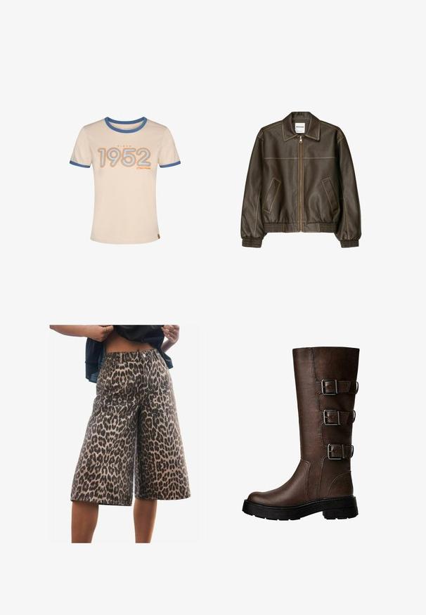 Brązowa skórzana kurtka bomberka z zapięciem na zamek, spiczastym kołnierzem, elastycznymi mankietami i dołem oraz bocznymi kieszeniami. Widoczne kontrastowe szwy.; Beżowa koszulka z niebieskimi wykończeniami z napisem "Od 1952" w pomarańczowym i jasnoniebieskim kolorze. Krótkie rękawy i okrągły dekolt. Miękki materiał bawełniany.; Szorty dżinsowe w wzór panterki o luźnym fasonie, ze średnim stanem, wyraźnymi szwami i szerokimi nogawkami. Materiał jest miękki w dotyku.; Brązowy skórzany wysokich but na kolano z trzema metalowymi klamrami, teksturowana powierzchnia, okrągły czubek i masywna podeszwa dla stabilności.