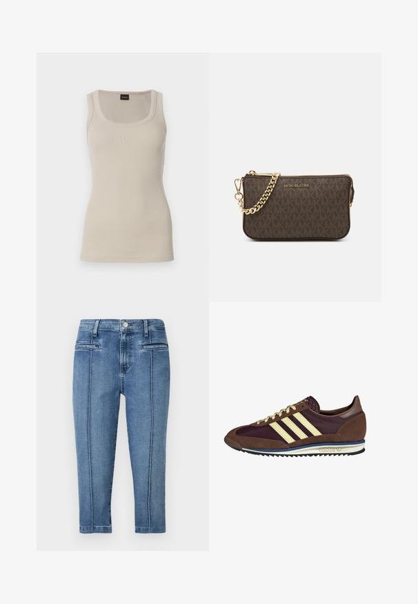 Giacca bomber in pelle marrone con zip frontale, colletto a punta, polsini e fondo elasticizzati, e tasche laterali. Cuciture in contrasto visibili.; Canottiera a costine in beige chiaro con scollo rotondo. Presenta un sottile logo 'BOSS' sul davanti. Realizzata in tessuto morbido e elasticizzato.; Pantaloni in denim blu medio, con design a cinque tasche, taglio dritto e cuciture a contrasto lungo le cuciture laterali.; Sneaker marrone e bordeaux realizzato in materiali scamosciati e in rete, caratterizzato da tre strisce color crema, tessuto testurizzato sulla linguetta e suola in gomma.; Borsa a tracolla in pelle marrone con motivo logo, tracolla in catena dorata, chiusura con zip e dettagli in metallo dorato. Forma compatta e rettangolare.