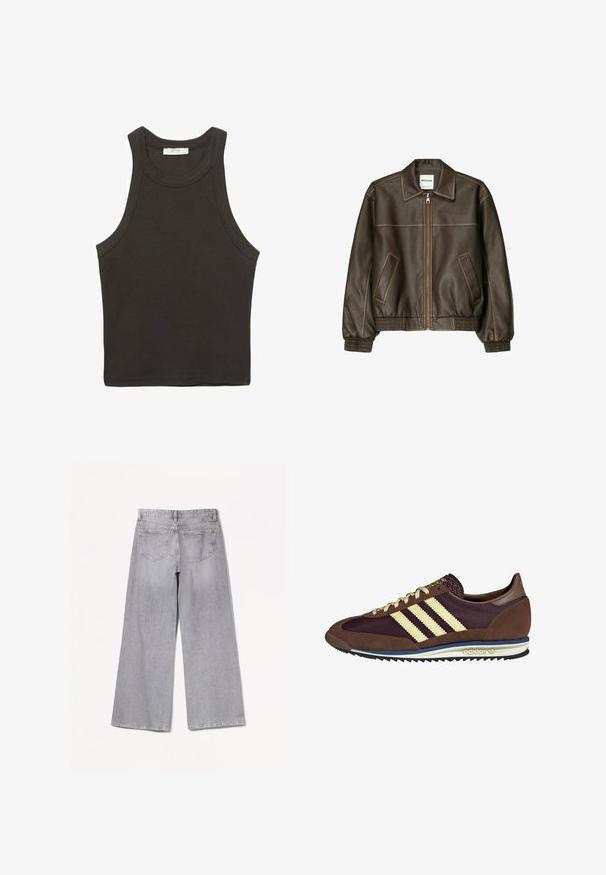 Brun læder bomberjakke med lynlåsfortil, spids krave, elastiske cuffe og kant, samt sidelommer. Kontrastsyninger synlige.; Mørkegrå ærmeløs top lavet af en bomuldsblanding, med en rund halsudskæring og rene kanter. Ingen synlige mønstre eller accenter.; Bershka WIDE-LEG - Wide leg - grey; Brune og bordeaux sneakers lavet af ruskind og mesh-materialer, med tre cremefarvede striber, tekstureret stof på tungen, og en gummisål.