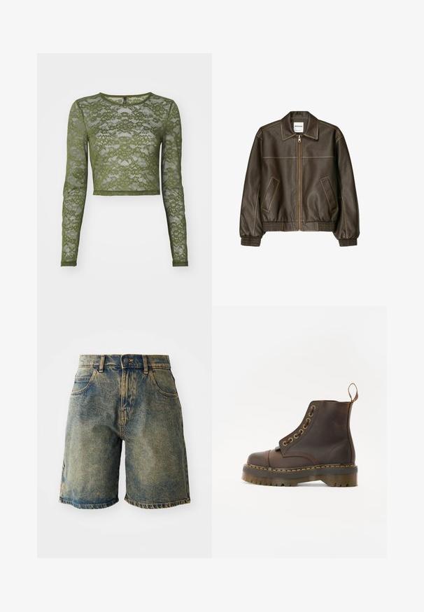 Bruine leren bomberjack met een ritssluiting aan de voorkant, puntige kraag, elastische manchetten en zoom, en zijzakken. Contrasterende stiksels zijn zichtbaar.; Olijfgroen, lange mouwen, cropped top van kant, met bloemenpatronen en een ronde halslijn met een effen rand. Doorzichtige textuur door het geheel.; Denim shorts in een vervaagde blauwe kleur, met vijf zakken, een knoopsluiting en versleten zoomranden, met een licht beschadigde textuur.; Bruine leren enkellaars met een ronde neus, contrasterende gele stiksels, decoratieve metalen oogjes en een gegroefd rubberen zool.