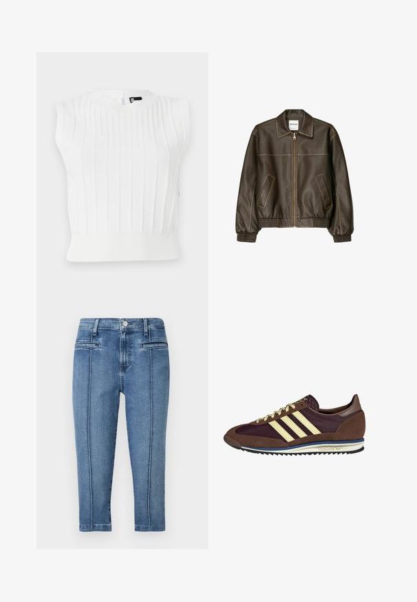 Ruskea nahkainen pommikonejacketti, jossa on vetoketjullinen etuosa, terävä kaulus, joustavat hihansuut ja helma sekä sivutaskut. Näkyvää kontrastiväristä ompelua.; Valkoinen neulottu hihaton paita, jossa on pystysuora ribbitekstuuri, pyöreä pääntie ja tiukka helma. Sisältää pienen takakiinnityksen yksityiskohdan.; Farkuhousut keskipunassa, joissa on viisi taskua, suora leikkaus ja kontrastisaumat sivusaumoissa.; Ruskea ja burgundin värinen lenkkari, jossa on yksityiskohtina mokkaa ja verkkomateriaalia, kolmea kermaista raitaa, tekstuuripinta kielekkeessä ja kumipohja.