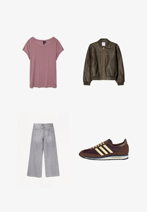 Bruine leren bomberjack met een ritssluiting aan de voorkant, puntige kraag, elastische manchetten en zoom, en zijzakken. Contrasterende stiksels zijn zichtbaar.; Lichtroze t-shirt met korte mouwen, gemaakt van zachte stof, met een ronde hals en een losse pasvorm, zonder zichtbare patronen of texturen.; Bershka WIDE-LEG - Wide leg - grey; Bruine en bordeauxkleurige sneaker van suede en mesh materiaal, met drie crèmekleurige strepen, een gemêleerd stof op de tong en een rubberen zool.