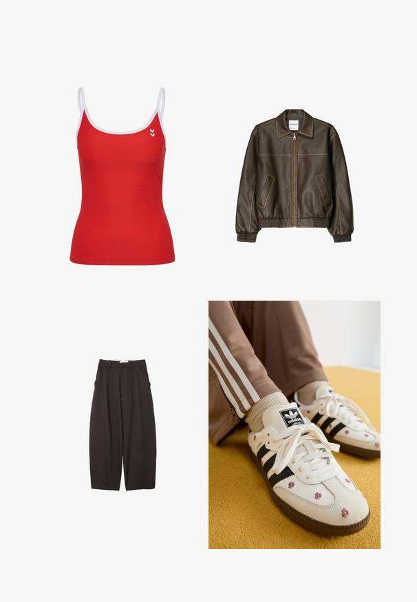 Bruine leren bomberjack met een ritssluiting aan de voorkant, puntige kraag, elastische manchetten en zoom, en zijzakken. Contrasterende stiksels zijn zichtbaar.; Rode tanktop met witte bandjes, met een figuuraccentuerend ontwerp en logo detail op de linker borst. Gladde textuur, sportieve stijl.; Zwarte wijde broek gemaakt van een gladde stof, met een hoge taille, voorplooien en zijzakken. Eenvoudig ontwerp zonder versieringen.; Witte leren sneakers met drie zwarte strepen en bloemenborduurwerk in paars en geel. Bruine rubberen zool. Gecombineerd met beige geribde sokken.