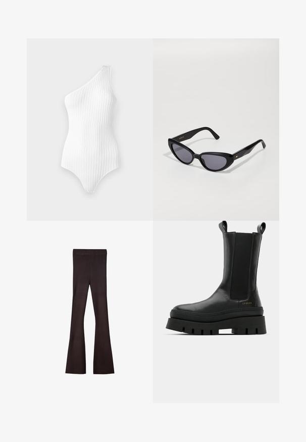 Ruskea nahkainen pommikonejacketti, jossa on vetoketjullinen etuosa, terävä kaulus, joustavat hihansuut ja helma sekä sivutaskut. Näkyvää kontrastiväristä ompelua.; Valkoinen raidoitettu yhden olkapään bodysuiitti, jossa on pystysuorat raidat. Sujuva pinta ja tiukka muotoilu, jossa on korkeakattoiset lahkeet ja minimaalinen kaula-aukko.; Bershka Housut - dark brown; Mustat nilkkurit, joissa on sileä nahkapinta, elastiset sivupaneelit ja paksu, teksturoitu pohja, jossa on logoyksityiskohta.; Musta kissansilmä aurinkolasit tummilla linsseillä. Valmistettu kiiltävästä muovista, jossa on hillitty kultainen yksityiskohta taitteessa. Sujuva pinta ja rohkea muoto.