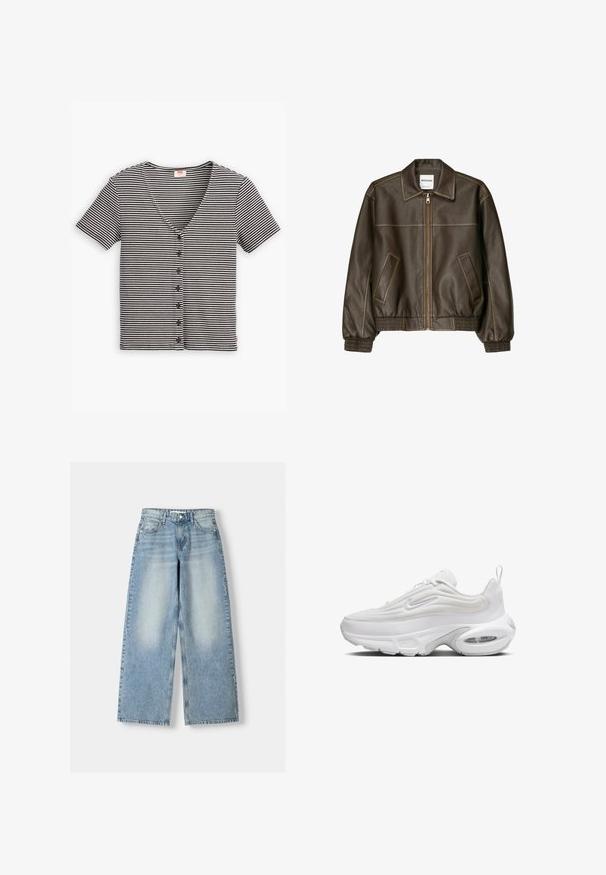 Brun læder bomberjakke med lynlåsfortil, spids krave, elastiske cuffe og kant, samt sidelommer. Kontrastsyninger synlige.; Stribet sort og hvid kortærmet knap-top med V-hals og tekstureret stof. Har flere knapper langs forsiden.; Lysblå denim wide-leg jeans med høj talje, der har en bleg finish, fem lommer og en lige pasform.; Hvide sneakers med et bølgende overdesign, tekstureret stof, polstret sål og synlig luftenhed. Har snørebånd foran og en trakknap.