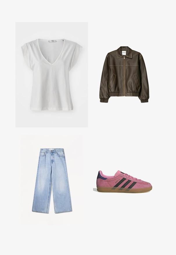 Smeđa kožna bomber jakna s patent-zatvaračem sprijeda, šiljatim ovratnikom, elastičnim manžetama i rubom, te bočnim džepovima. Vidljivo kontrastno šivanje.; Bijela T-majica s V-izrezom i kapastim rukavima, izrađena od mekanog pamučnog materijala. Ima jednostavan kroj i blago opuštenu siluetu.; Bershka WIDE-LEG - Široke nogavice - light-blue denim; Roze nubuk tenisice s crnim prugama, gumeni potplat i teksturirani ljubičasti petni dio. Imaju vezivanje i utisnuti brend na strani.