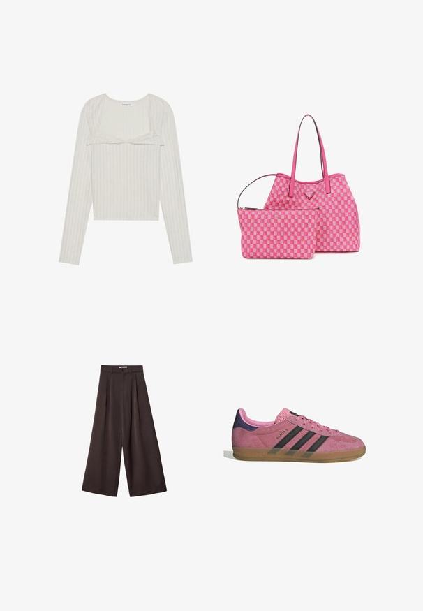 Brązowa skórzana kurtka bomberka z zapięciem na zamek, spiczastym kołnierzem, elastycznymi mankietami i dołem oraz bocznymi kieszeniami. Widoczne kontrastowe szwy.; Jasnobeżowa bluzka z długim rękawem o prążkowanej fakturze. Posiada koronkowe wykończenie oraz krótki fason, z okrągłym dekoltem i dopasowanymi rękawami.; Czarne spodnie z szerokimi nogawkami i wysokim stanem, z plisami z przodu oraz zapięciem na guzik w talii, wykonane z gładkiego materiału.; Różowe zamszowe sneakersy z czarnymi paskami, gumową podeszwą i teksturowanym fioletowym piętą. Posiadają sznurowany design oraz wytłoczone logo na boku.; Różowa torba tote w kratkę z dopasowaną mniejszą kieszonką; posiada gładki materiał, podwójne uchwyty i złote detale z logo.